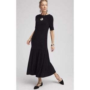Chicos Travelers Boatneck Drop Waist Maxi Dress M Black Stretch Comfort Minimal